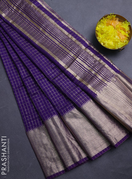 Semi chanderi saree violet and light green with allover zari checked pattern and long zari woven border