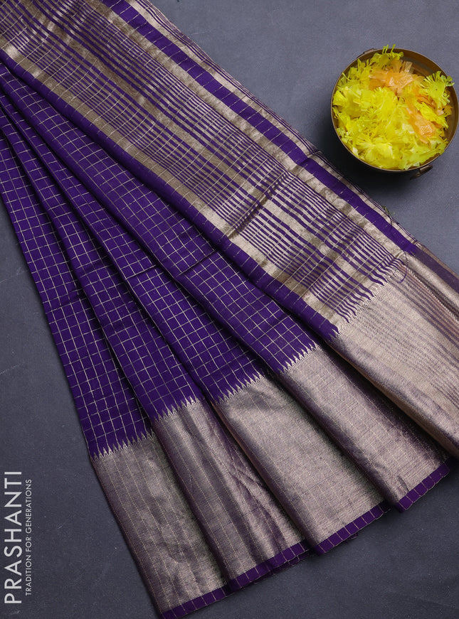 Semi chanderi saree violet and light green with allover zari checked pattern and long zari woven border