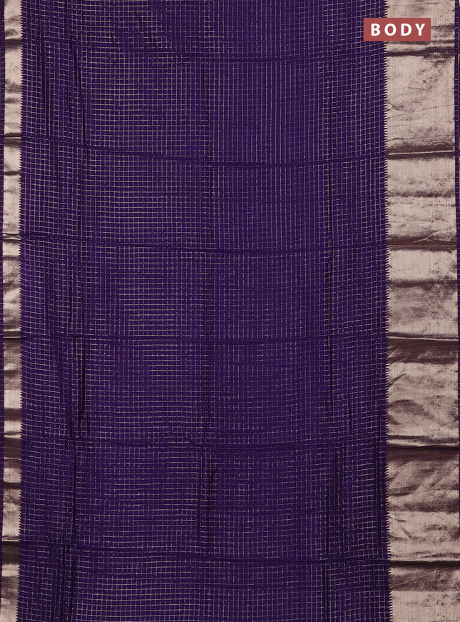Semi chanderi saree violet and light green with allover zari checked pattern and long zari woven border