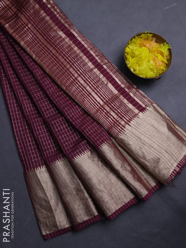 Semi chanderi saree wine shade and rust shade with allover zari checked pattern and long zari woven border