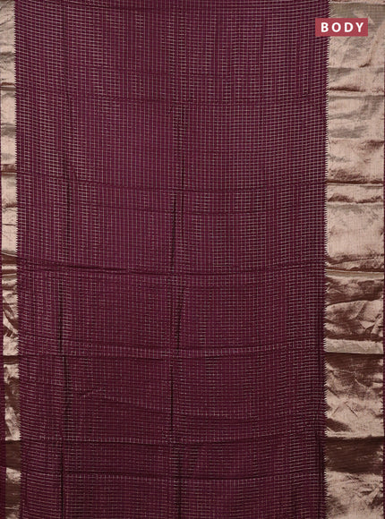 Semi chanderi saree wine shade and rust shade with allover zari checked pattern and long zari woven border