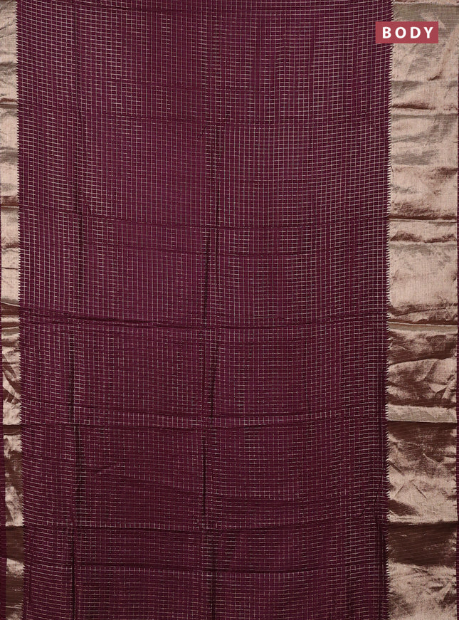 Semi chanderi saree wine shade and rust shade with allover zari checked pattern and long zari woven border