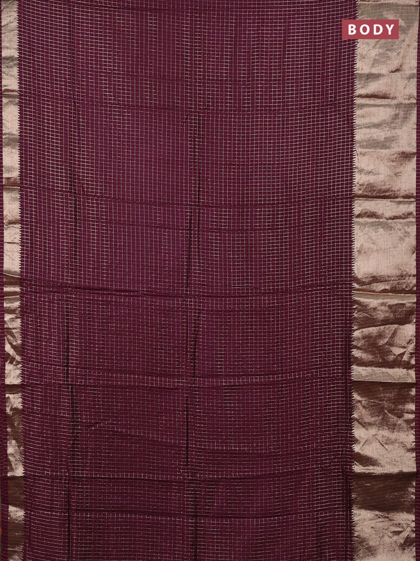 Semi chanderi saree wine shade and rust shade with allover zari checked pattern and long zari woven border