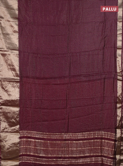 Semi chanderi saree wine shade and rust shade with allover zari checked pattern and long zari woven border
