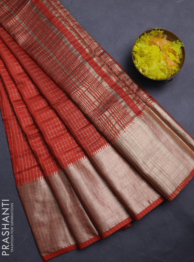 Semi chanderi saree rust shade and violet with allover zari checked pattern and long zari woven border