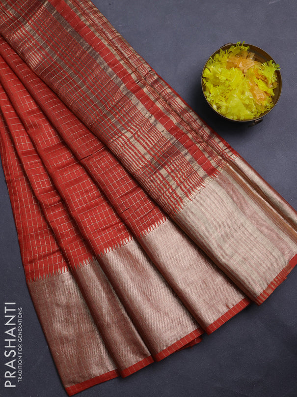 Semi chanderi saree rust shade and violet with allover zari checked pattern and long zari woven border