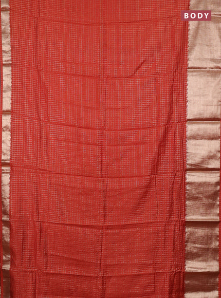 Semi chanderi saree rust shade and violet with allover zari checked pattern and long zari woven border
