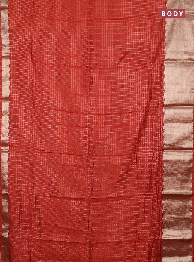Semi chanderi saree rust shade and violet with allover zari checked pattern and long zari woven border