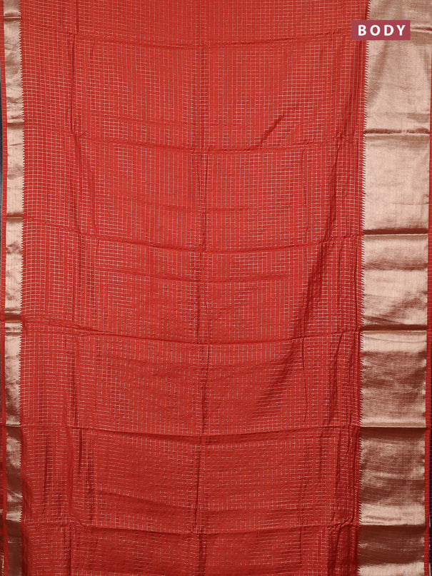 Semi chanderi saree rust shade and violet with allover zari checked pattern and long zari woven border