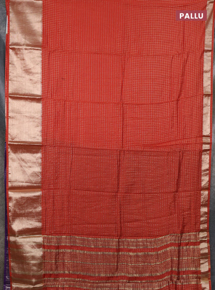 Semi chanderi saree rust shade and violet with allover zari checked pattern and long zari woven border