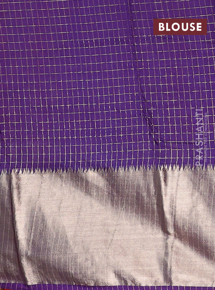 Semi chanderi saree rust shade and violet with allover zari checked pattern and long zari woven border