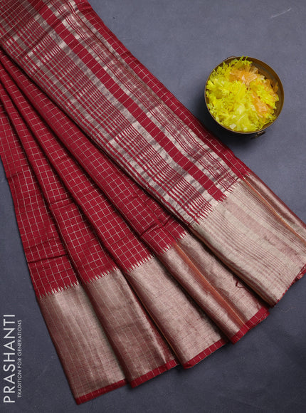 Semi chanderi saree maroon and violet with allover zari checked pattern and long zari woven border