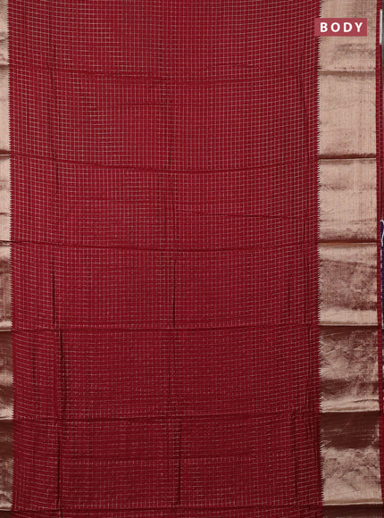 Semi chanderi saree maroon and violet with allover zari checked pattern and long zari woven border
