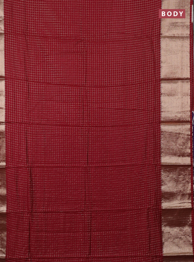 Semi chanderi saree maroon and violet with allover zari checked pattern and long zari woven border