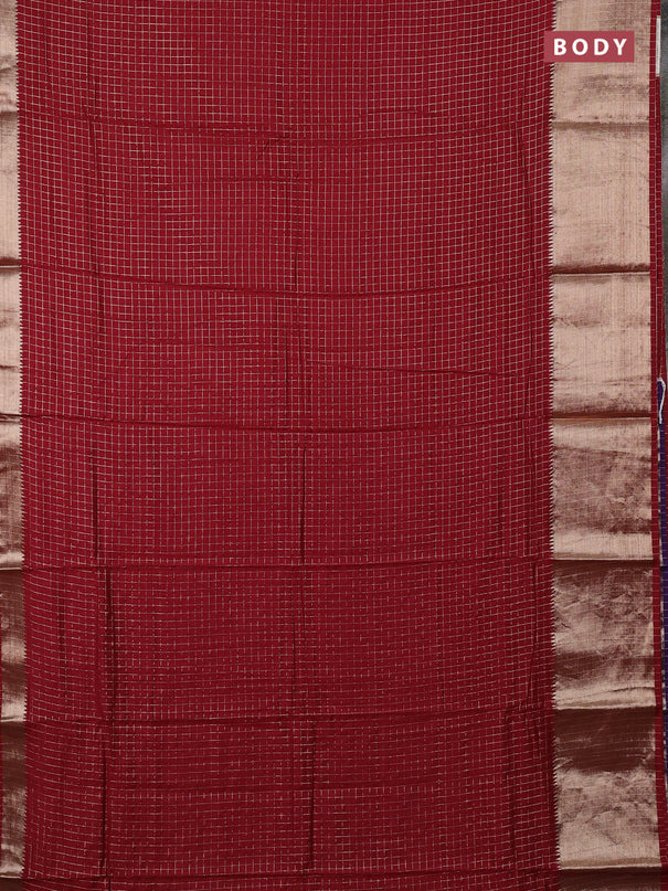 Semi chanderi saree maroon and violet with allover zari checked pattern and long zari woven border