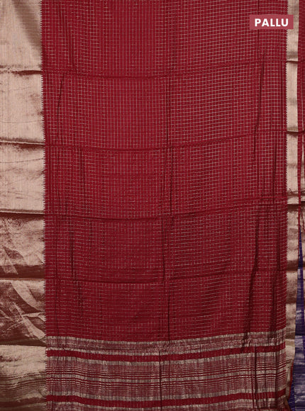 Semi chanderi saree maroon and violet with allover zari checked pattern and long zari woven border