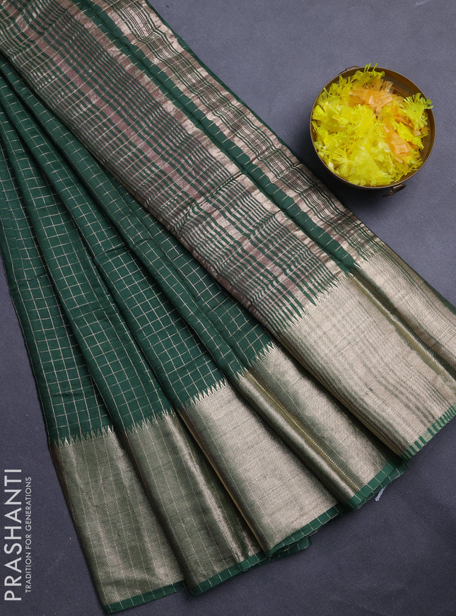Semi chanderi saree green and light pink with allover zari checked pattern and long zari woven border