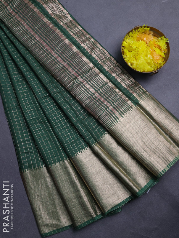 Semi chanderi saree green and light pink with allover zari checked pattern and long zari woven border