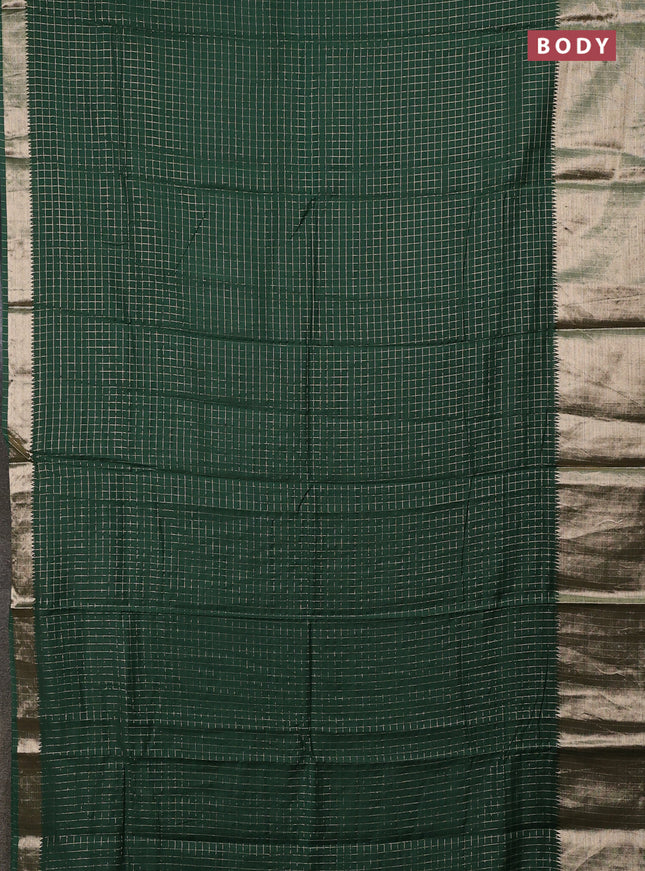 Semi chanderi saree green and light pink with allover zari checked pattern and long zari woven border