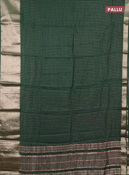Semi chanderi saree green and light pink with allover zari checked pattern and long zari woven border