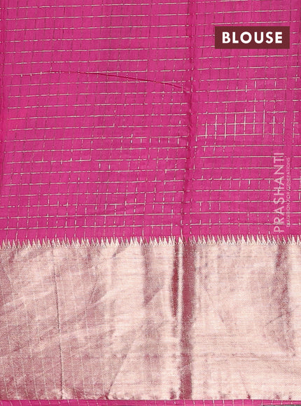 Semi chanderi saree green and light pink with allover zari checked pattern and long zari woven border