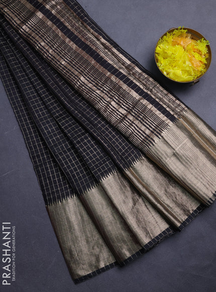 Semi chanderi saree black and maroon with allover zari checked pattern and long zari woven border
