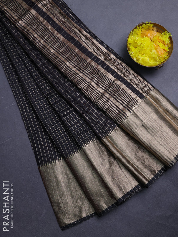 Semi chanderi saree black and maroon with allover zari checked pattern and long zari woven border