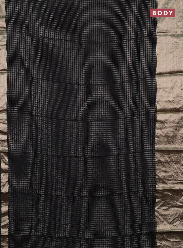 Semi chanderi saree black and maroon with allover zari checked pattern and long zari woven border