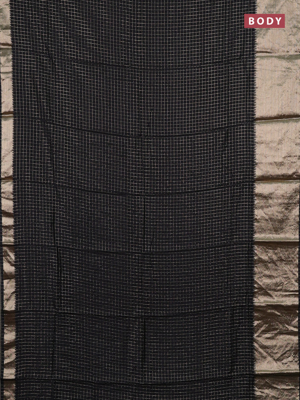 Semi chanderi saree black and maroon with allover zari checked pattern and long zari woven border