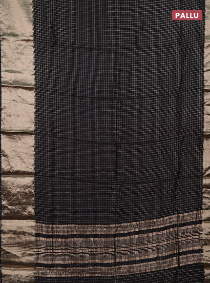 Semi chanderi saree black and maroon with allover zari checked pattern and long zari woven border