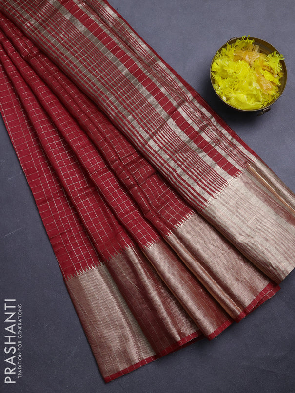 Semi chanderi saree red and green with allover zari checked pattern and long zari woven border