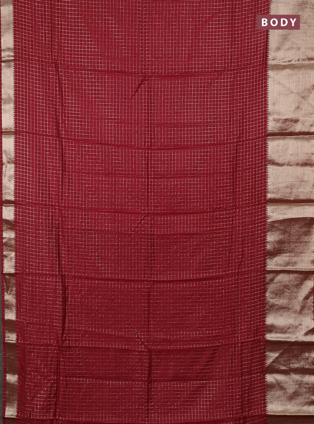 Semi chanderi saree red and green with allover zari checked pattern and long zari woven border