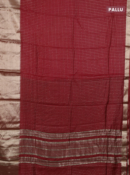 Semi chanderi saree red and green with allover zari checked pattern and long zari woven border