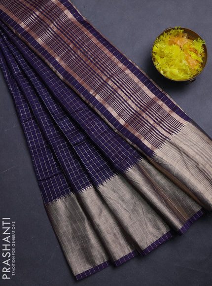 Semi chanderi saree navy blue and red with allover zari checked pattern and long zari woven border