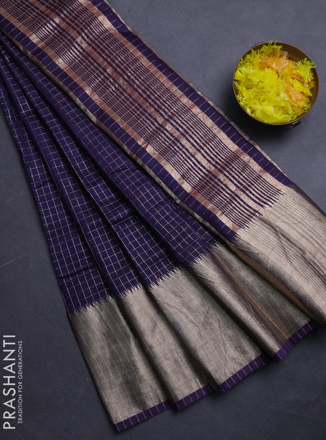 Semi chanderi saree navy blue and red with allover zari checked pattern and long zari woven border