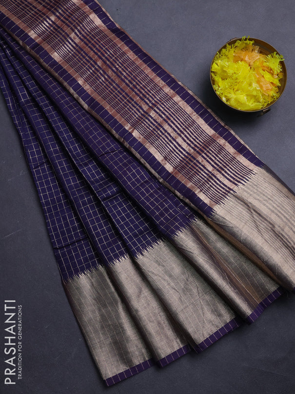 Semi chanderi saree navy blue and red with allover zari checked pattern and long zari woven border