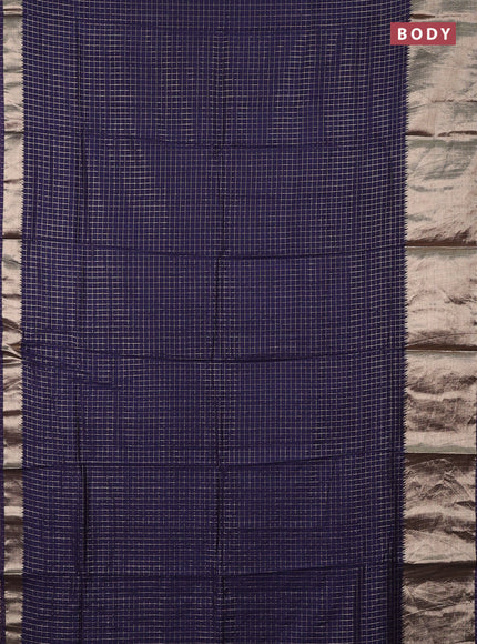 Semi chanderi saree navy blue and red with allover zari checked pattern and long zari woven border