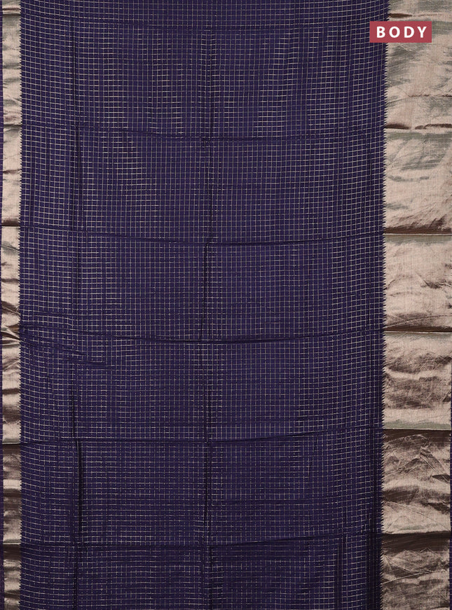 Semi chanderi saree navy blue and red with allover zari checked pattern and long zari woven border