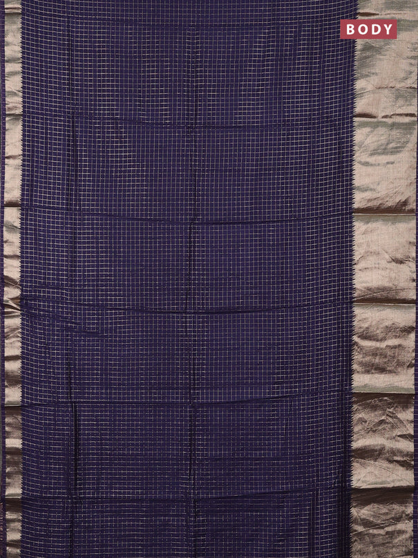 Semi chanderi saree navy blue and red with allover zari checked pattern and long zari woven border