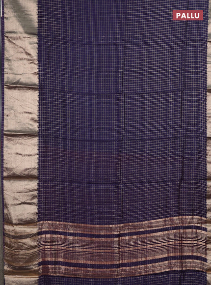 Semi chanderi saree navy blue and red with allover zari checked pattern and long zari woven border
