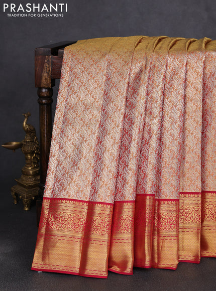 Pure kanchipuram tissue silk saree gold and maroon with allover silver zari woven brocade weaves and rich zari woven border