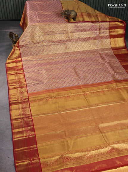 Pure kanchipuram tissue silk saree gold and maroon with allover silver zari woven brocade weaves and rich zari woven border