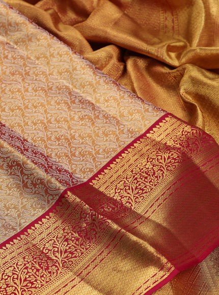 Pure kanchipuram tissue silk saree gold and maroon with allover silver zari woven brocade weaves and rich zari woven border