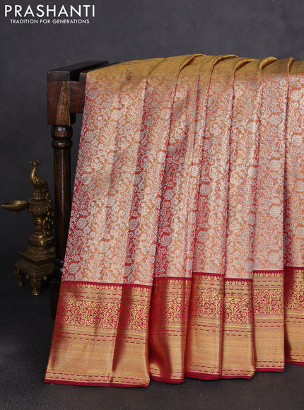 Pure kanchipuram tissue silk saree dual shade of gold and maroon with allover silver zari woven brocade weaves and rich zari woven border