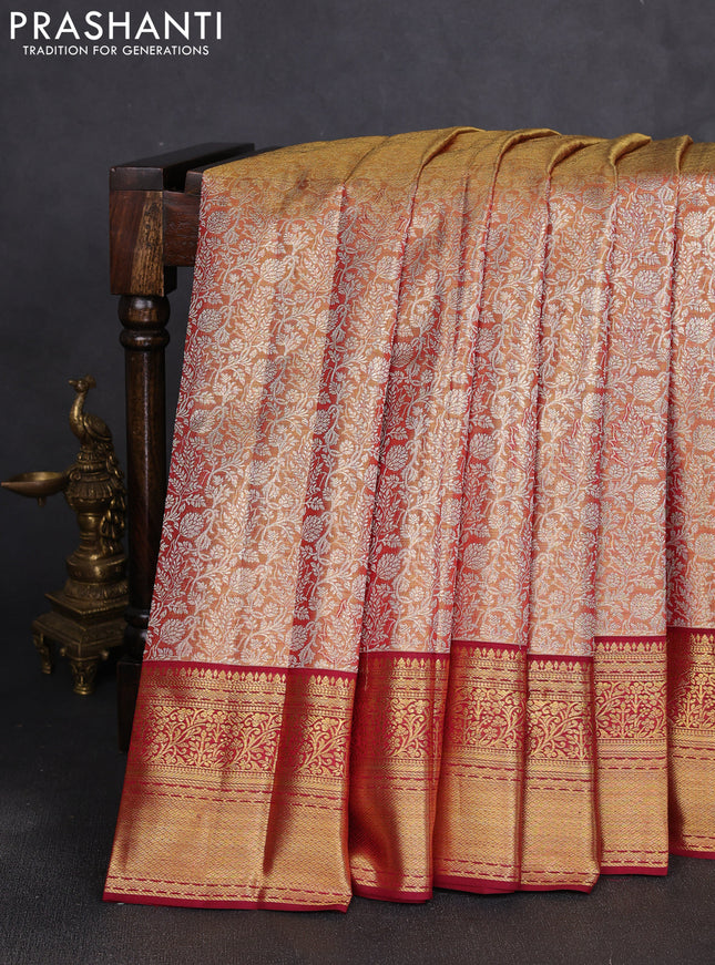 Pure kanchipuram tissue silk saree dual shade of gold and maroon with allover silver zari woven brocade weaves and rich zari woven border