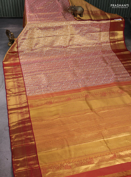 Pure kanchipuram tissue silk saree dual shade of gold and maroon with allover silver zari woven brocade weaves and rich zari woven border