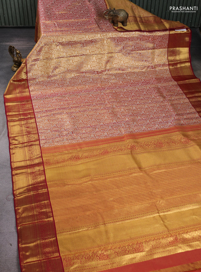 Pure kanchipuram tissue silk saree dual shade of gold and maroon with allover silver zari woven brocade weaves and rich zari woven border