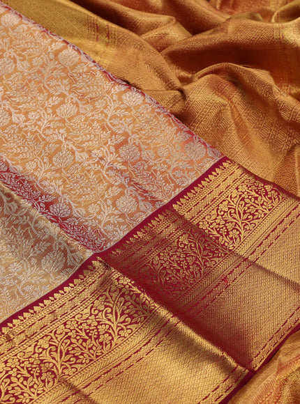 Pure kanchipuram tissue silk saree dual shade of gold and maroon with allover silver zari woven brocade weaves and rich zari woven border