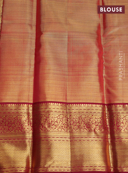 Pure kanchipuram tissue silk saree dual shade of gold and maroon with allover silver zari woven brocade weaves and rich zari woven border