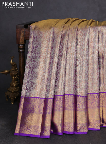 Pure kanchipuram tissue silk saree dual shade of gold and violet with allover silver zari woven brocade weaves and rich zari woven border